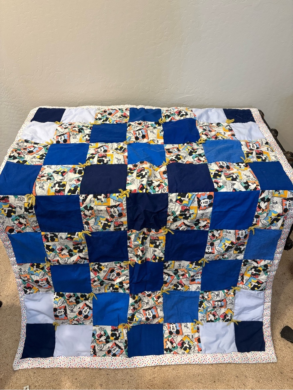 Children's Patchwork Comforter in Blue and Navy with Cartoon Print 35x45.5